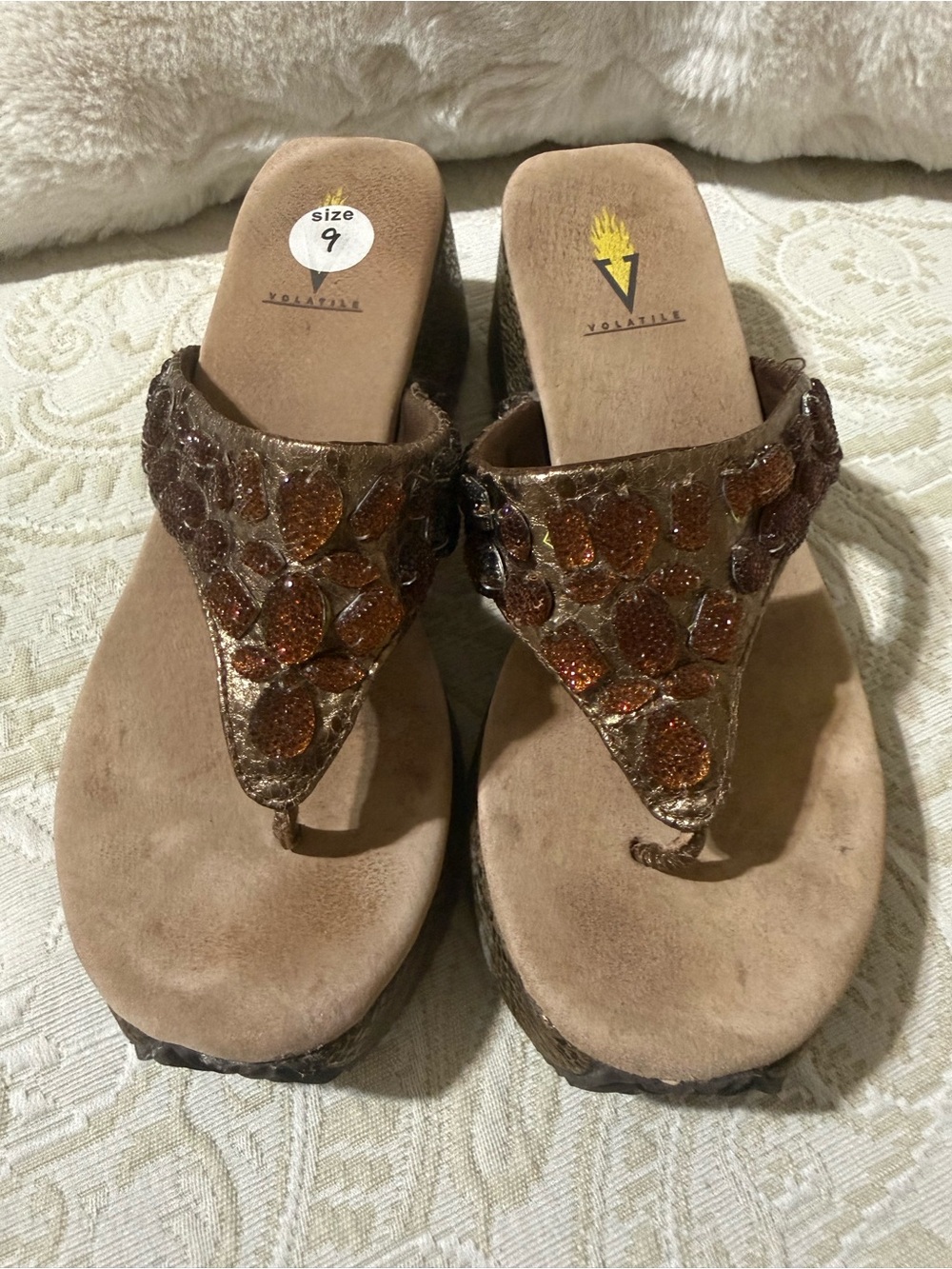 Volatile Bronze Metallic Wedge Thong Sandals with Copper Glitter